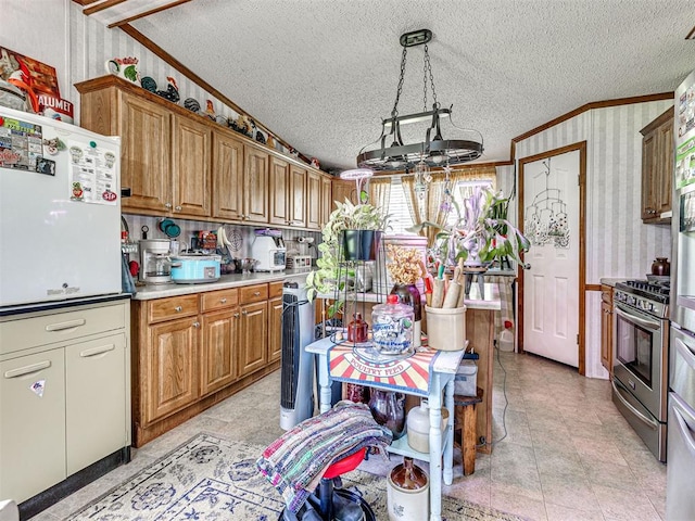 19519 N 2730th Rd, Kingfisher, OK 73750 - kitchen featuring stainless steel gas stove, a textured ceiling, wallpapered walls, light countertops, and crown molding