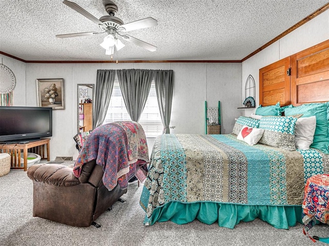 19519 N 2730th Rd, Kingfisher, OK 73750 - carpeted bedroom featuring crown molding, a textured ceiling, and ceiling fan
