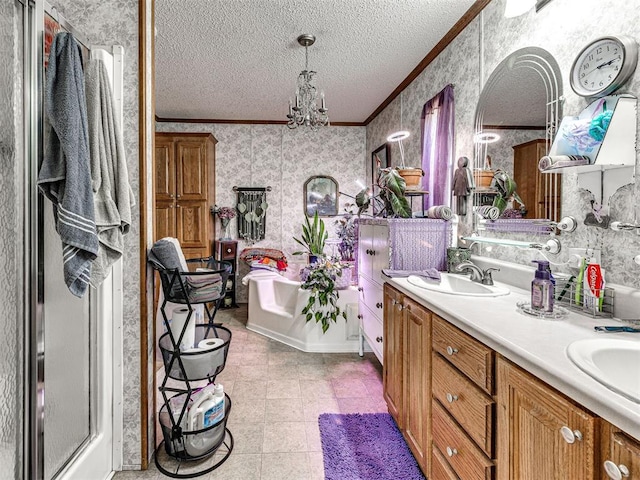 19519 N 2730th Rd, Kingfisher, OK 73750 - full bath featuring wallpapered walls, crown molding, double vanity, a chandelier, and a garden tub