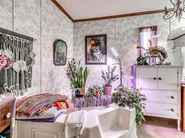 19519 N 2730th Rd, Kingfisher, OK 73750 - detailed view of crown molding, wallpapered walls, and a textured ceiling
