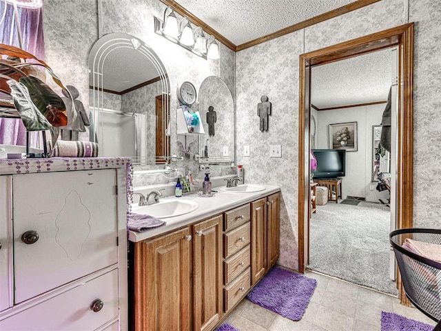 19519 N 2730th Rd, Kingfisher, OK 73750 - full bath with a textured ceiling, crown molding, double vanity, wallpapered walls, and a stall shower