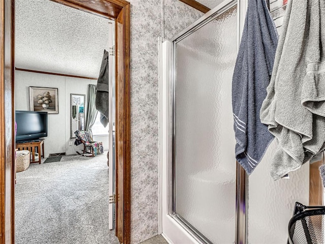 19519 N 2730th Rd, Kingfisher, OK 73750 - bathroom with a shower stall, crown molding, and a textured ceiling