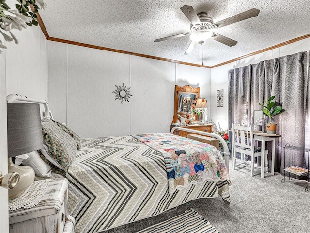 19519 N 2730th Rd, Kingfisher, OK 73750 - bedroom with crown molding, a textured ceiling, carpet floors, and a ceiling fan