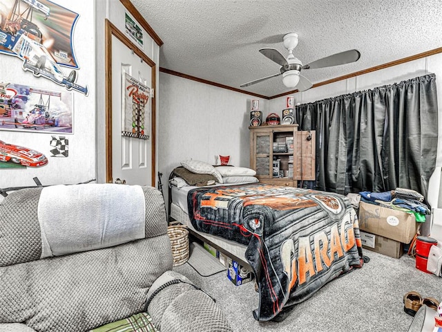 19519 N 2730th Rd, Kingfisher, OK 73750 - carpeted bedroom with crown molding, a textured ceiling, and a ceiling fan