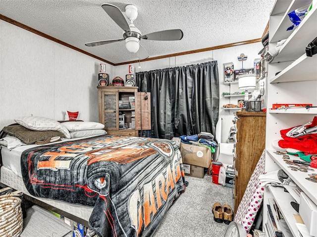 19519 N 2730th Rd, Kingfisher, OK 73750 - bedroom featuring crown molding, a textured ceiling, carpet, and ceiling fan