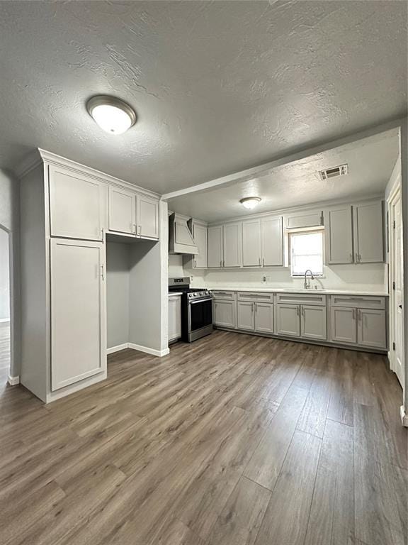 327 SW Grand Blvd, Oklahoma City, OK 73109 - kitchen with stainless steel range, custom exhaust hood, wood finished floors, a textured ceiling, and gray cabinetry