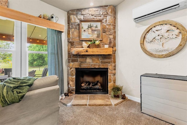 26114 State Highway 19, Cyril, OK 73029 - carpeted living area featuring a wall mounted AC, a stone fireplace, and baseboards