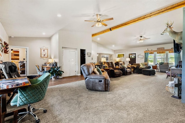 26114 State Highway 19, Cyril, OK 73029 - living room featuring carpet, a ceiling fan, recessed lighting, and wood finished floors