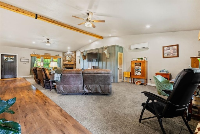 26114 State Highway 19, Cyril, OK 73029 - living room with a wall unit AC, ceiling fan, baseboards, recessed lighting, and wood finished floors