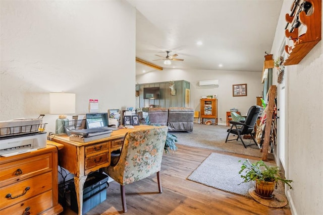 26114 State Highway 19, Cyril, OK 73029 - home office featuring a wall mounted air conditioner, a ceiling fan, vaulted ceiling, wood finished floors, and baseboards