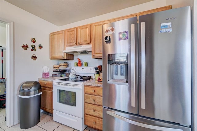 122 Cotton Tail Dr, Shawnee, OK 74804 - kitchen featuring stainless steel fridge with ice dispenser, white range with electric stovetop, under cabinet range hood, light tile patterned flooring, and light countertops