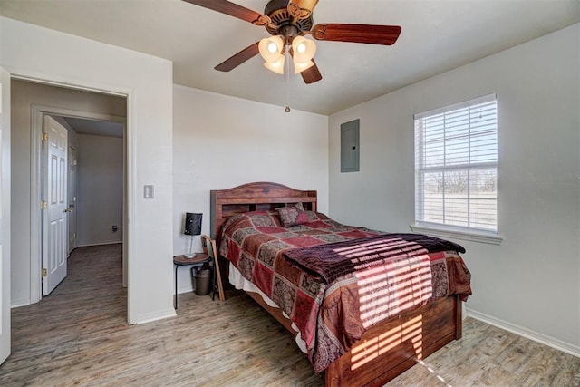 122 Cotton Tail Dr, Shawnee, OK 74804 - bedroom featuring light wood-style flooring, electric panel, and ceiling fan