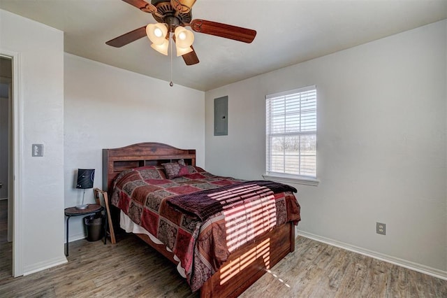 122 Cotton Tail Dr, Shawnee, OK 74804 - bedroom featuring electric panel, wood finished floors, and a ceiling fan
