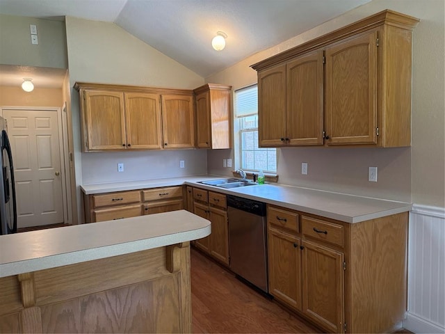 1617 Briarcreek, Norman, OK 73071 - kitchen with stainless steel dishwasher, a sink, lofted ceiling, light countertops, and dark wood-type flooring