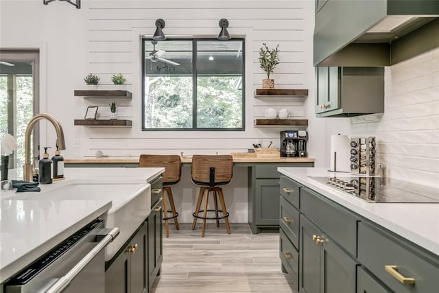 118289 S 4215th Rd, Eufaula, OK 74432 - kitchen featuring open shelves, stainless steel dishwasher, black electric stovetop, wall chimney exhaust hood, and light wood finished floors
