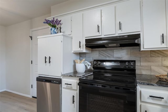 444 NW 86th St, Oklahoma City, OK 73114 - kitchen with black electric range oven, stainless steel dishwasher, under cabinet range hood, backsplash, and light wood-style flooring