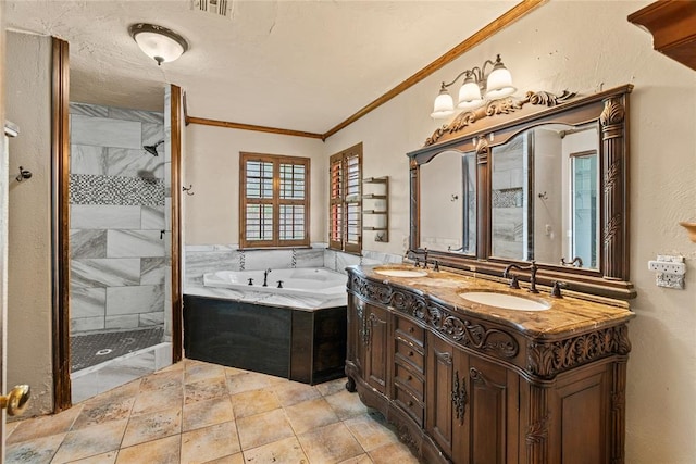 720 W 3rd St, Watonga, OK 73772 - bathroom with a bath, double vanity, a stall shower, and crown molding