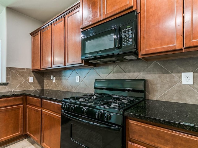 9708 Squire Ln, Yukon, OK 73099 - kitchen featuring black appliances, backsplash, dark stone counters, and brown cabinets