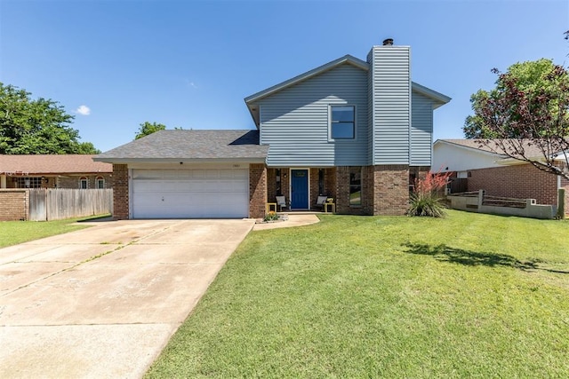 7921 NW 40th St, Bethany, OK 73008 - view of front of property with brick siding, an attached garage, concrete driveway, and a chimney