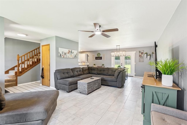 7921 NW 40th St, Bethany, OK 73008 - living room featuring a ceiling fan and stairs