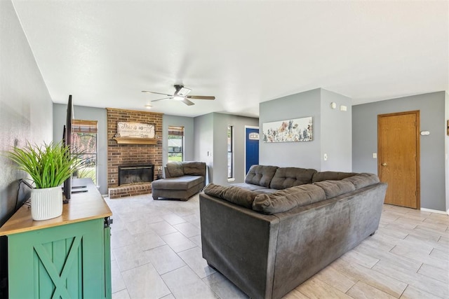7921 NW 40th St, Bethany, OK 73008 - living area featuring a ceiling fan and a brick fireplace
