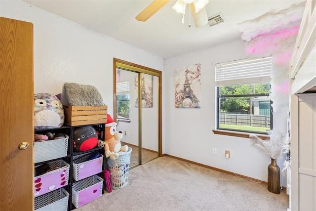7921 NW 40th St, Bethany, OK 73008 - playroom featuring carpet, ceiling fan, and baseboards