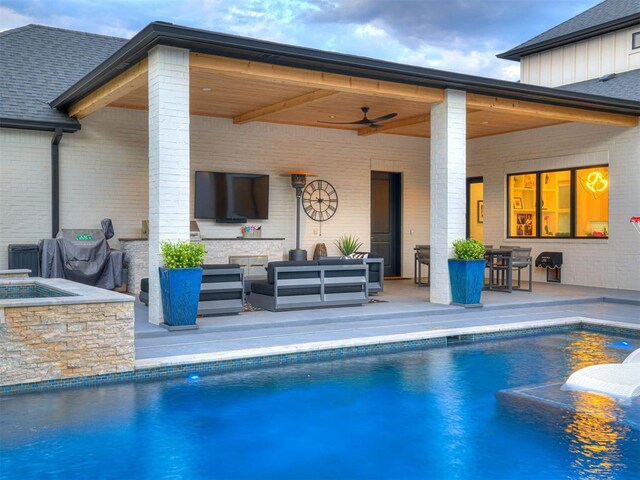 15825 Lacebark Ln, Edmond, OK 73013 - outdoor pool featuring an outdoor hangout area, area for grilling, a patio, and ceiling fan
