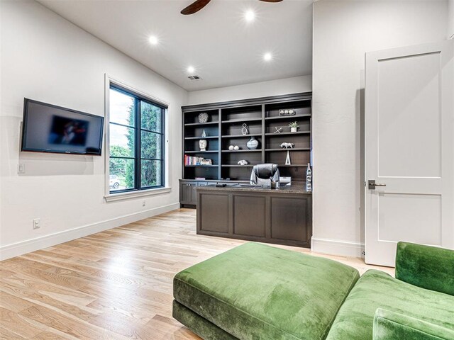 15825 Lacebark Ln, Edmond, OK 73013 - home office with light wood-style floors, baseboards, ceiling fan, and recessed lighting