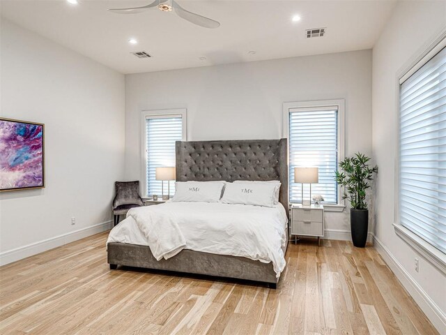 15825 Lacebark Ln, Edmond, OK 73013 - bedroom with wood finished floors, baseboards, ceiling fan, and recessed lighting
