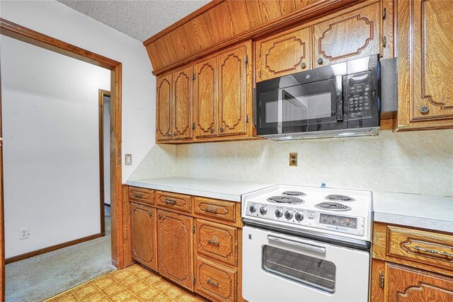 1909 N Flamingo Ln, Altus, OK 73521 - kitchen with black microwave, electric stove, light countertops, brown cabinetry, and a textured ceiling