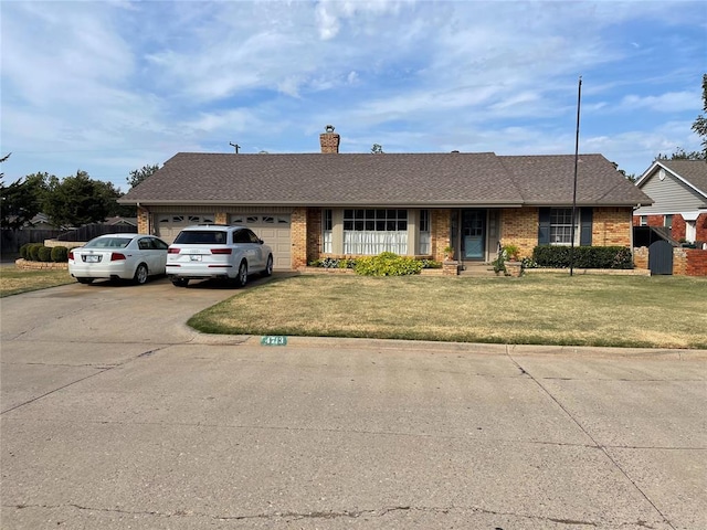 4713 NW 65th St, Oklahoma City, OK 73132 - single story home with an attached garage, a front yard, concrete driveway, a chimney, and brick siding