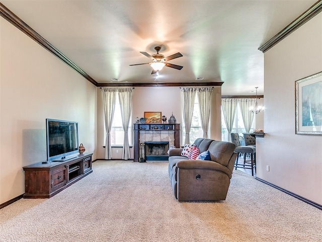 12275 Autumn Brk, Guthrie, OK 73044 - living room featuring carpet flooring, ceiling fan, crown molding, and baseboards