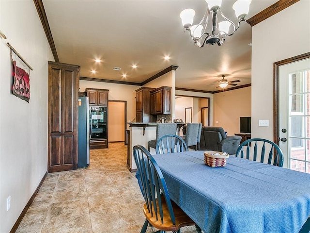 12275 Autumn Brk, Guthrie, OK 73044 - dining area featuring ornamental molding, baseboards, a chandelier, and ceiling fan