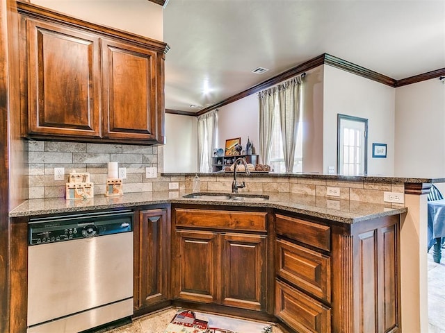 12275 Autumn Brk, Guthrie, OK 73044 - kitchen featuring stainless steel dishwasher, a sink, ornamental molding, stone countertops, and backsplash