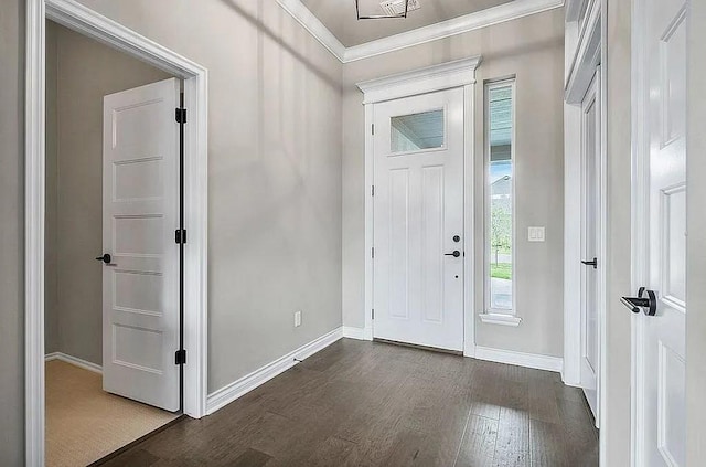 3921 Bandera Trl, Norman, OK 73071 - entrance foyer with dark wood-style floors, baseboards, and ornamental molding
