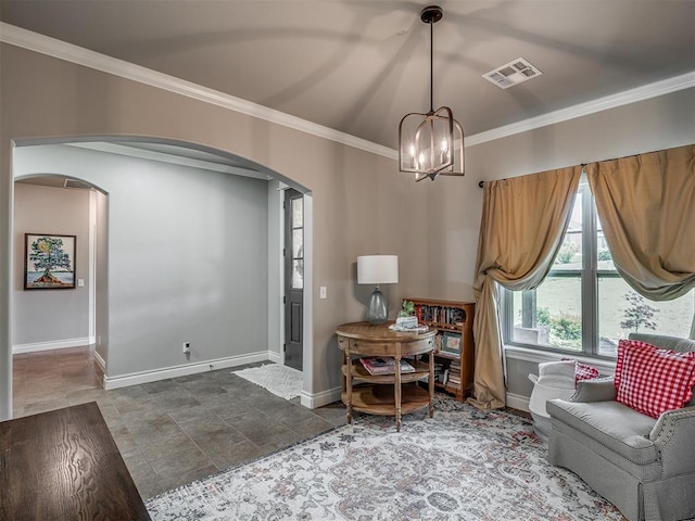 13505 Shady Pine Cir, Edmond, OK 73025 - office featuring arched walkways, ornamental molding, baseboards, and a chandelier