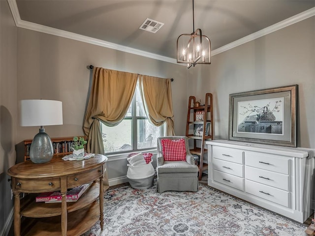 13505 Shady Pine Cir, Edmond, OK 73025 - sitting room with a chandelier, ornamental molding, and baseboards