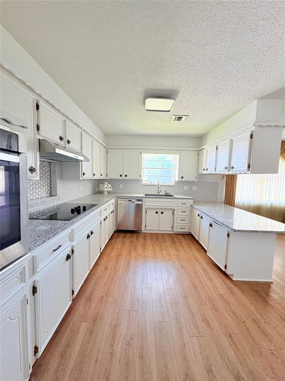 2313 SW 91st St, Oklahoma City, OK 73159 - kitchen featuring appliances with stainless steel finishes, a sink, under cabinet range hood, light wood finished floors, and white cabinetry