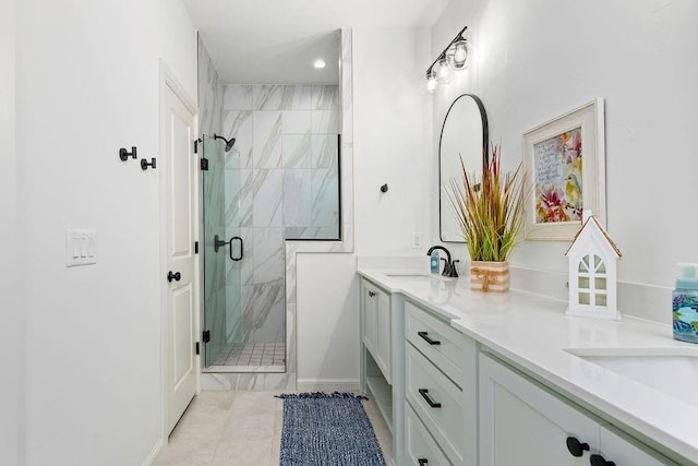 713 Harbor Town Dr, Edmond, OK 73034 - full bath featuring a shower stall, double vanity, recessed lighting, baseboards, and tile patterned floors