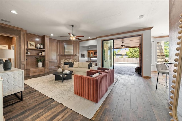 14705 Longford Way, Edmond, OK 73013 - living room featuring crown molding, a ceiling fan, dark wood finished floors, baseboards, and recessed lighting