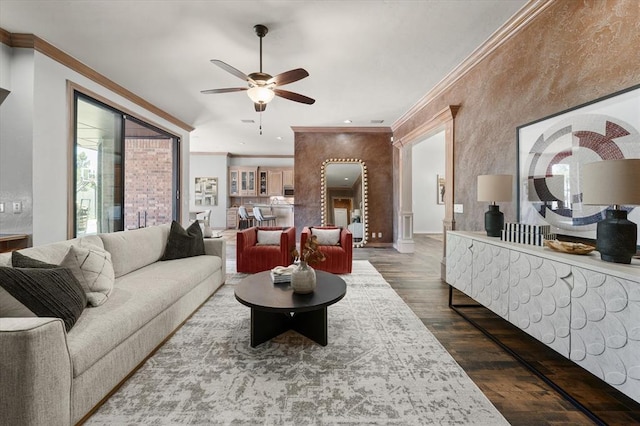 14705 Longford Way, Edmond, OK 73013 - living room with crown molding, dark wood-type flooring, and ceiling fan