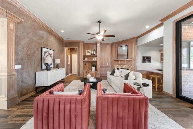 14705 Longford Way, Edmond, OK 73013 - living area featuring ornamental molding, dark wood-style floors, ceiling fan, plenty of natural light, and recessed lighting