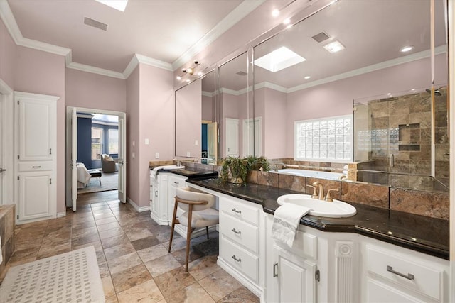 14705 Longford Way, Edmond, OK 73013 - full bathroom with vanity, baseboards, tiled shower, ornamental molding, and ensuite bath