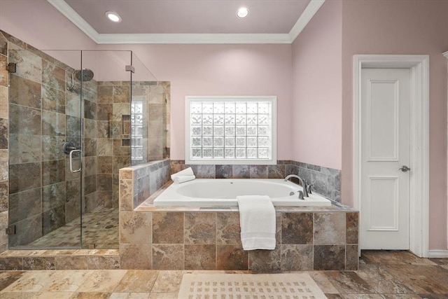 14705 Longford Way, Edmond, OK 73013 - bathroom featuring a bath, ornamental molding, a shower stall, and recessed lighting