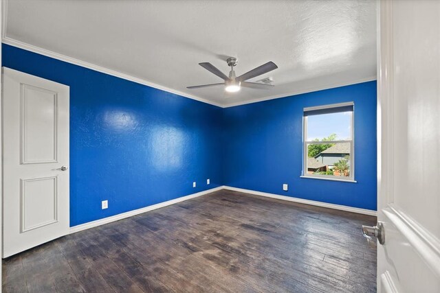 14705 Longford Way, Edmond, OK 73013 - empty room with ceiling fan, wood finished floors, baseboards, and crown molding