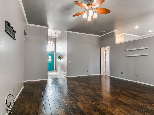 13005 Willowcrest Ln, Oklahoma City, OK 73170 - spare room with ornamental molding, ceiling fan, wood-type flooring, and baseboards