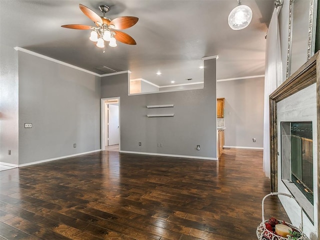 13005 Willowcrest Ln, Oklahoma City, OK 73170 - unfurnished living room with crown molding, hardwood / wood-style flooring, ceiling fan, a fireplace, and baseboards