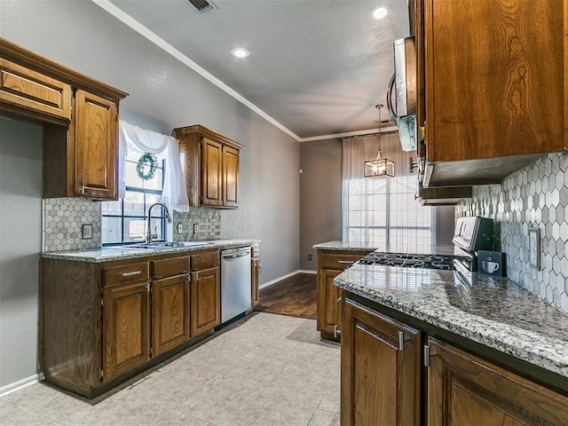13005 Willowcrest Ln, Oklahoma City, OK 73170 - kitchen with dishwasher, a sink, stove, backsplash, and ornamental molding