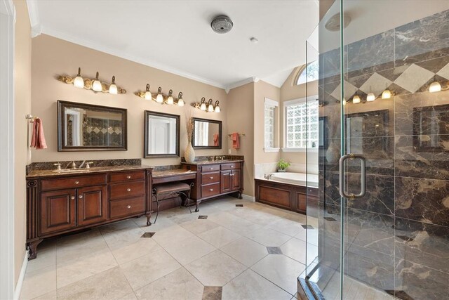 910744 S 3440th Rd, Chandler, OK 74834 - bathroom with crown molding, vanity, a garden tub, lofted ceiling, and a stall shower