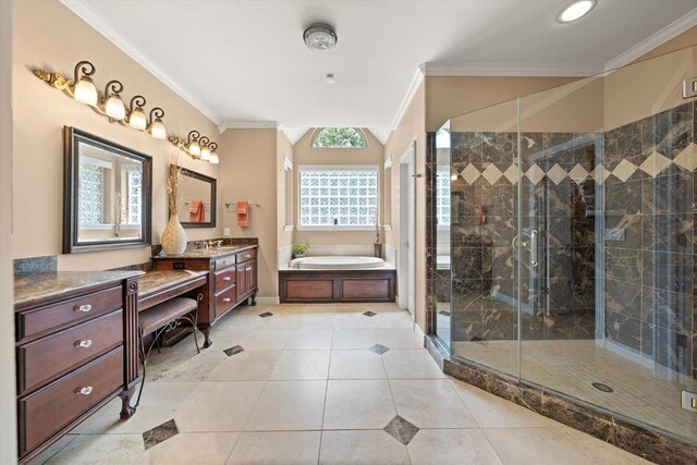 910744 S 3440th Rd, Chandler, OK 74834 - full bathroom featuring vanity, a garden tub, a stall shower, ornamental molding, and tile patterned floors